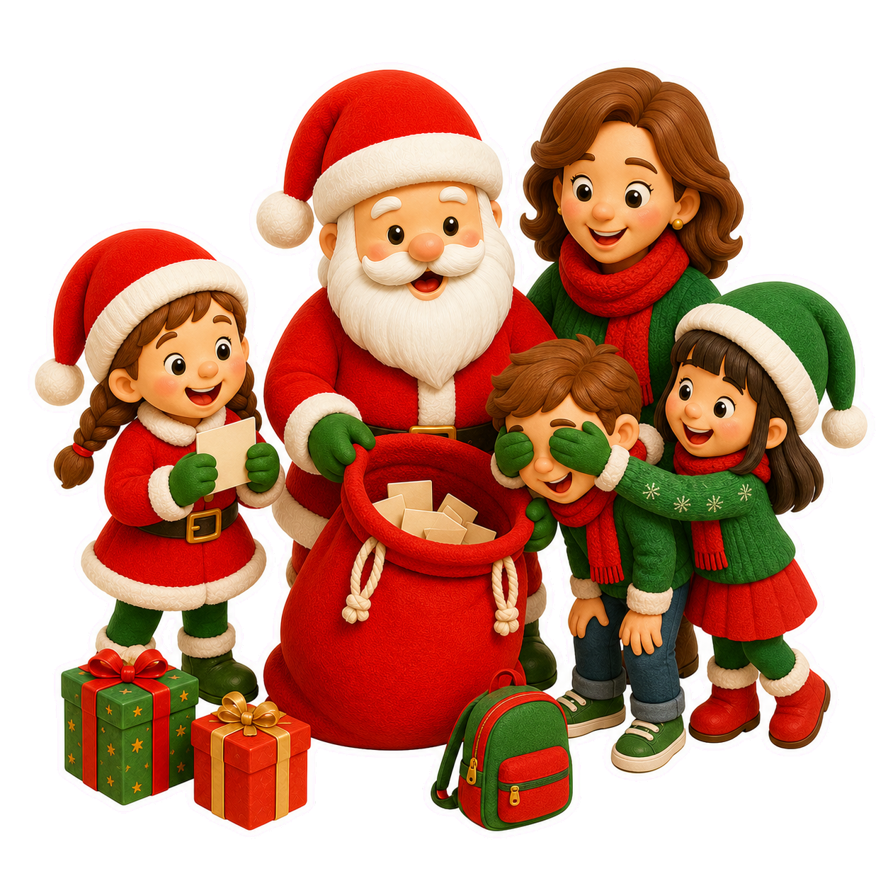 Le Père Noël, un organisateur et des étudiants dessinant joyeusement des noms secrets pour un jeu de Noël