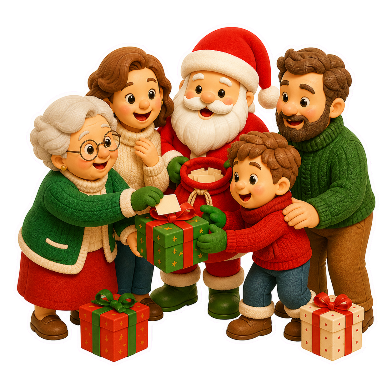 Babbo Natale, i nonni, i genitori e un bambino preparano insieme un regalo di Natale in famiglia